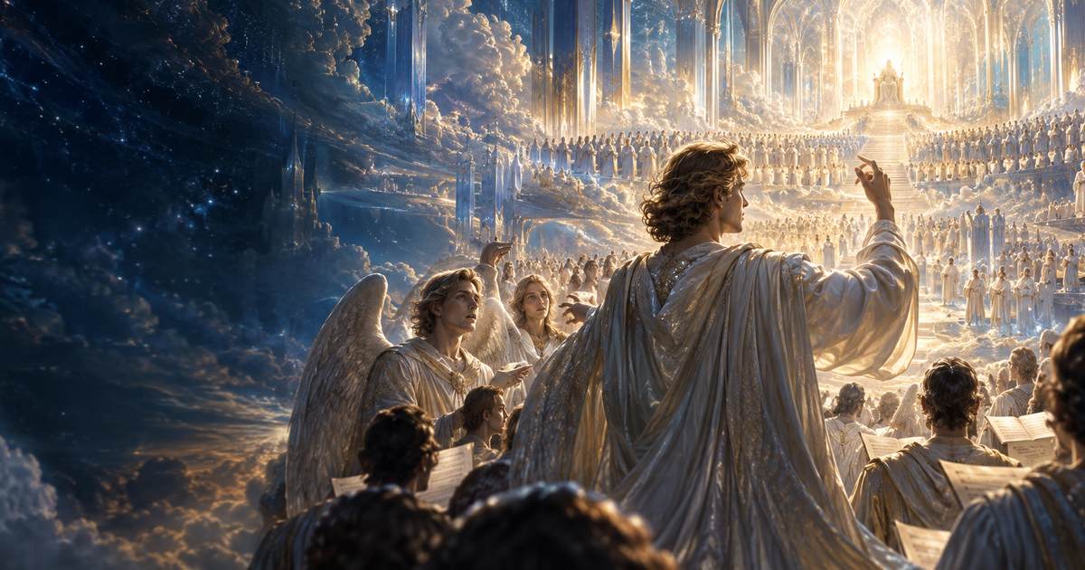 An immense heavenly choir sings toward a radiant throne while an angel conducts the music.