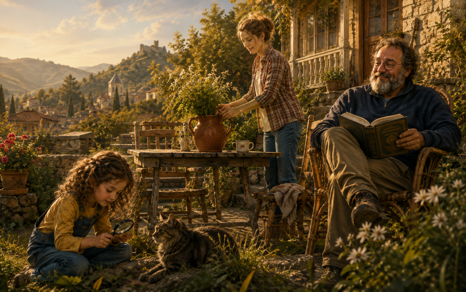 Anastasia inspects the grass with a magnifying glass beside the family cat on a sunlit hillside terrace in Georgia, as the grown-ups tend flowers and read nearby