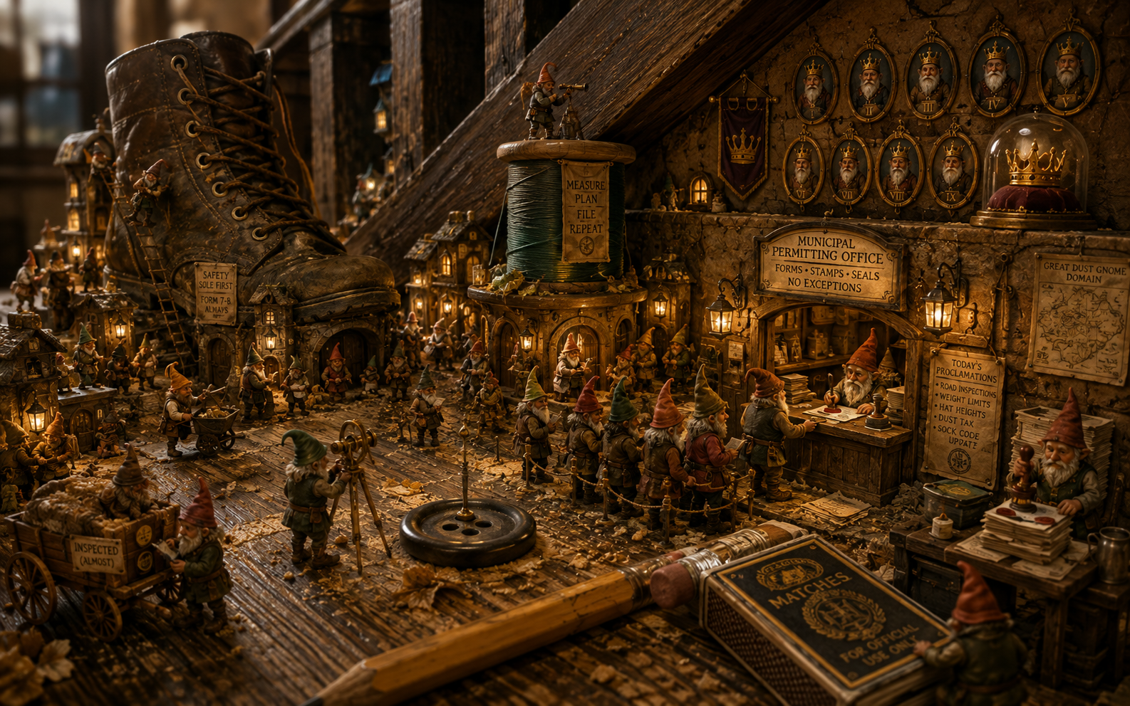 The Dust Gnome kingdom: rows of tiny gnomes queue at a Municipal Permitting Office beneath portraits of nine gnome kings, among a giant boot, a thread spool, a button and a pencil