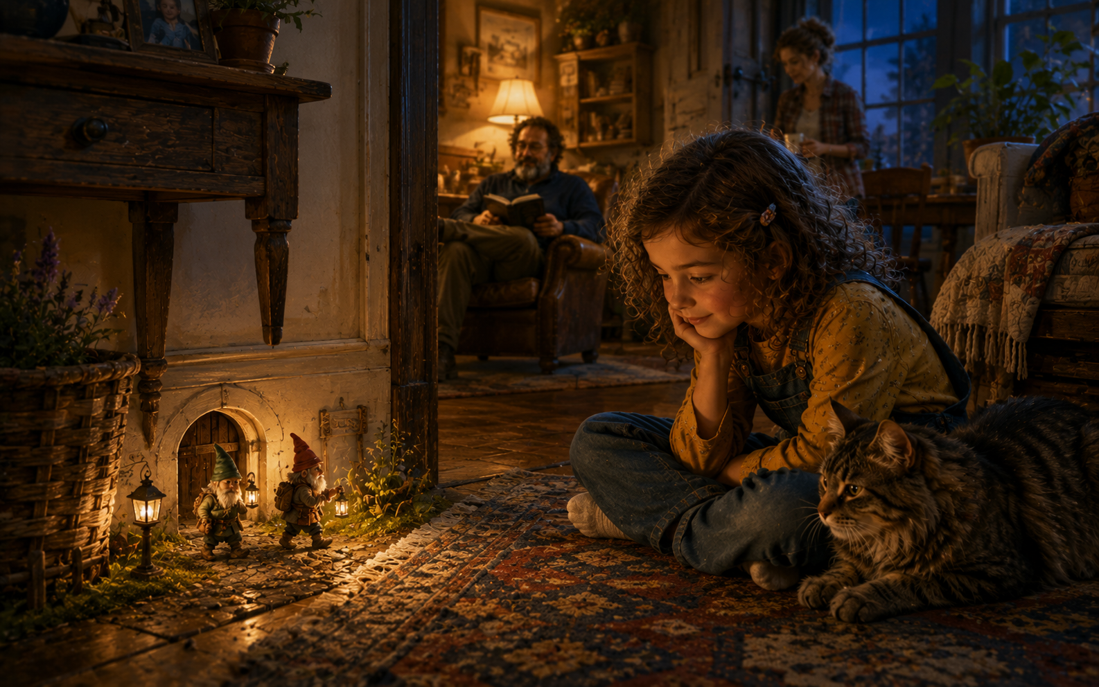 Evening at home: Anastasia sits on the rug beside the family cat, smiling at two lantern-carrying Dust Gnomes by a tiny arched door in the wall, while her family relaxes in the lamplit room behind her